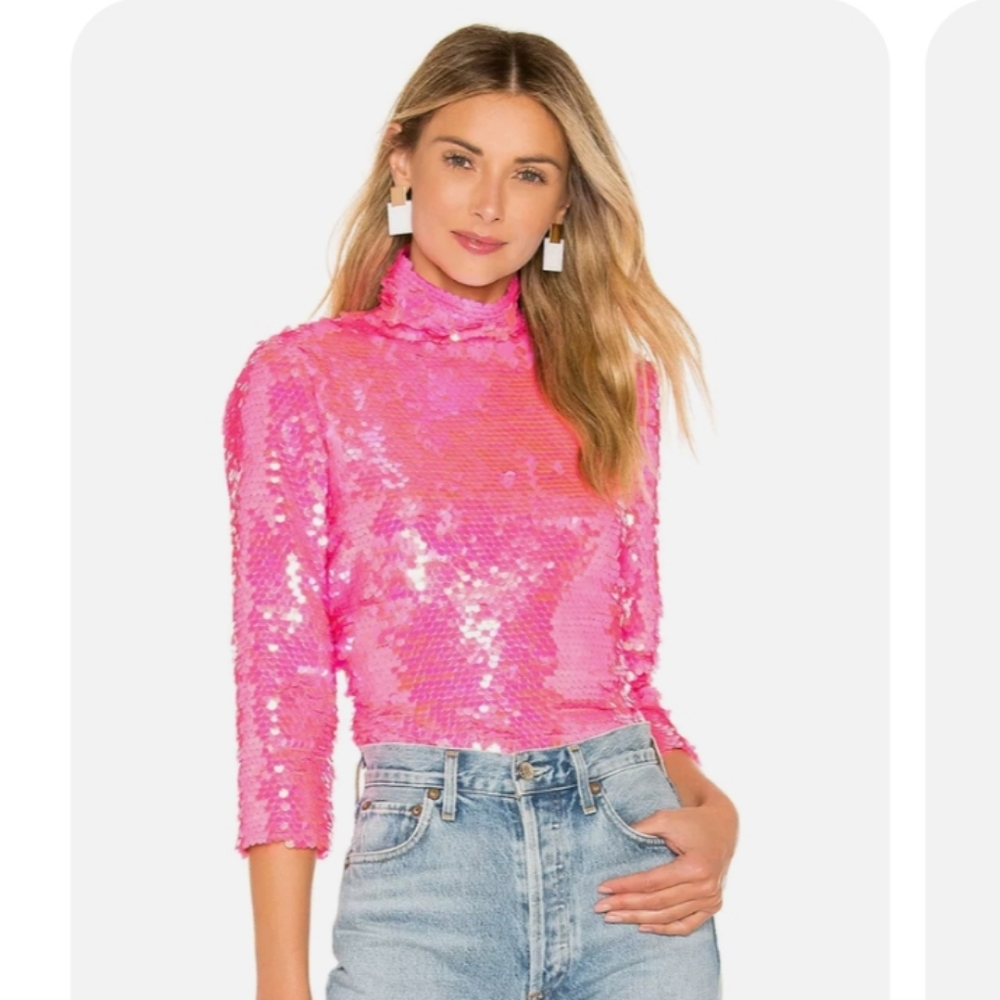 Milly Bright Pink Sequin Turtleneck 3/4 Length Sleeve Top-Size 4-Worn once.